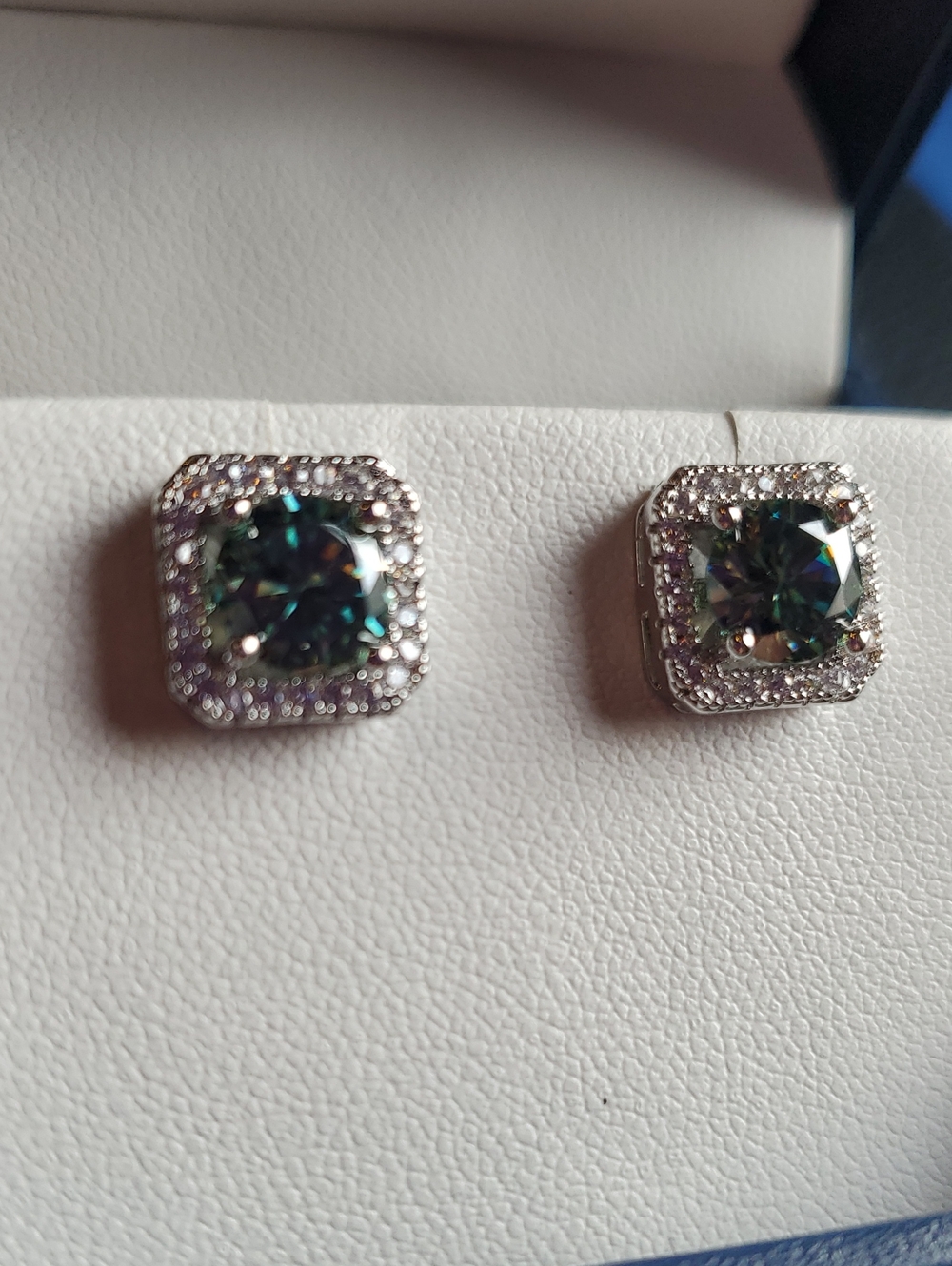 Silver Halo Stud Earrings with Teal Center Stone
